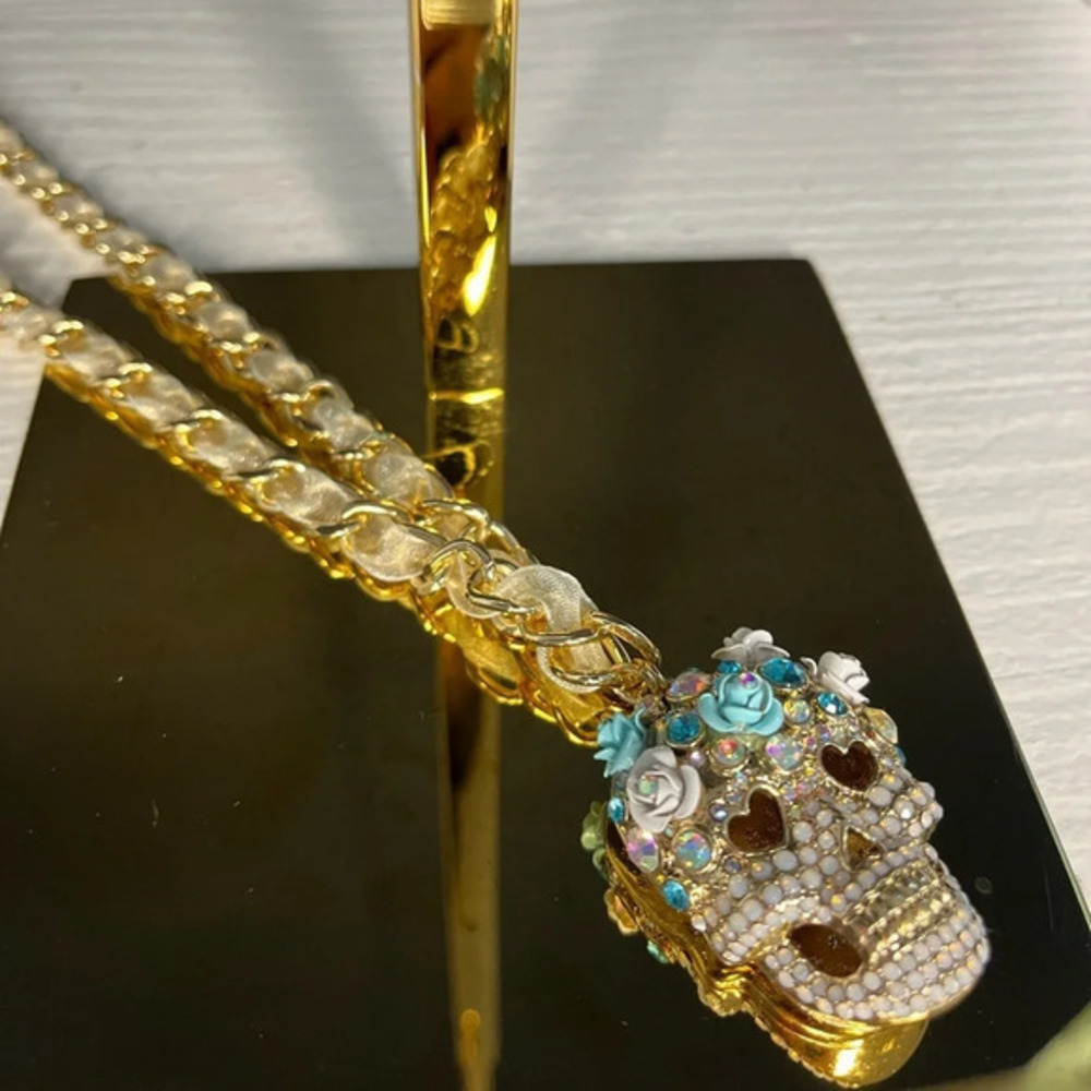 Betsey Johnson Aurora Borealis Crystal Skull Day of the Dead Necklace NWT